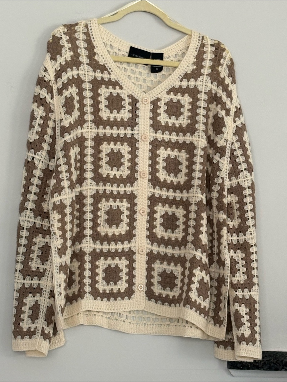 Cream and Brown Crochet-Style V-Neck Button down Women's Sweater - Picture 2 of 5